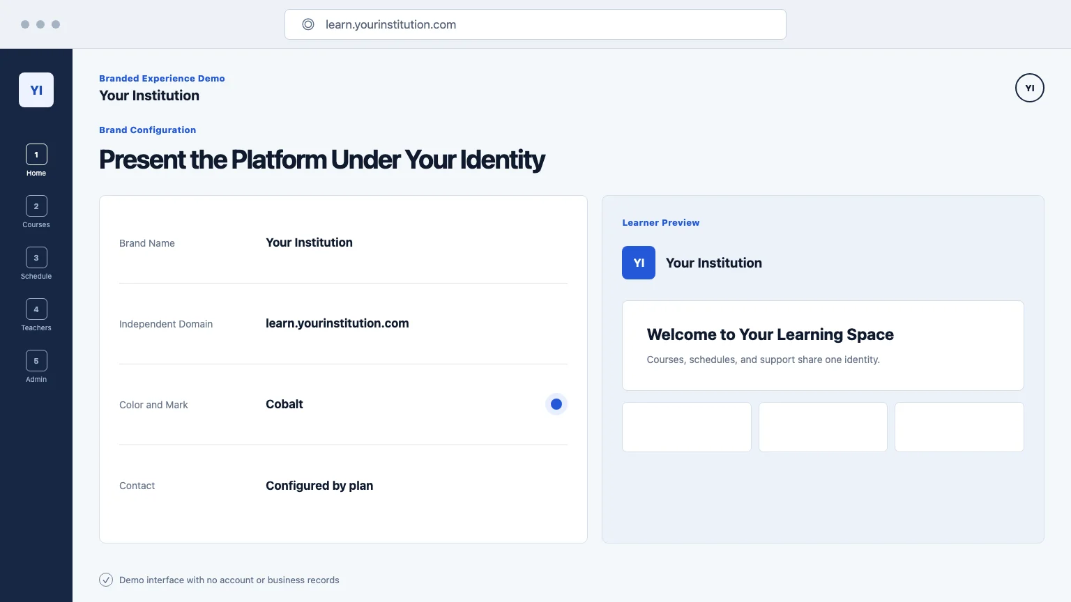 Institution identity, domain, and visual configuration demo interface