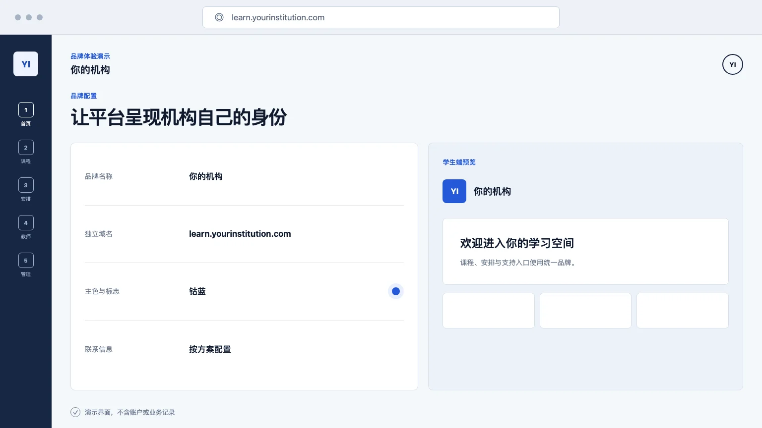 机构品牌、独立域名与视觉配置演示界面