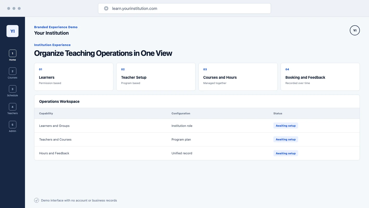 Institution teaching operations workspace demo interface