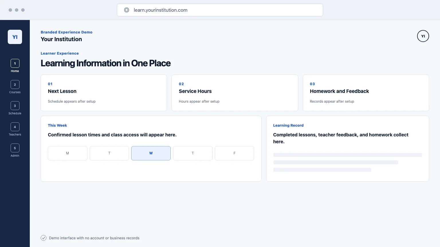 Learner courses, service hours, and learning records demo interface